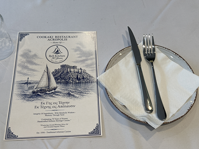 Cookaki Bell Kitchen menu card with heritage branding, since 1956, Koukáki Athens